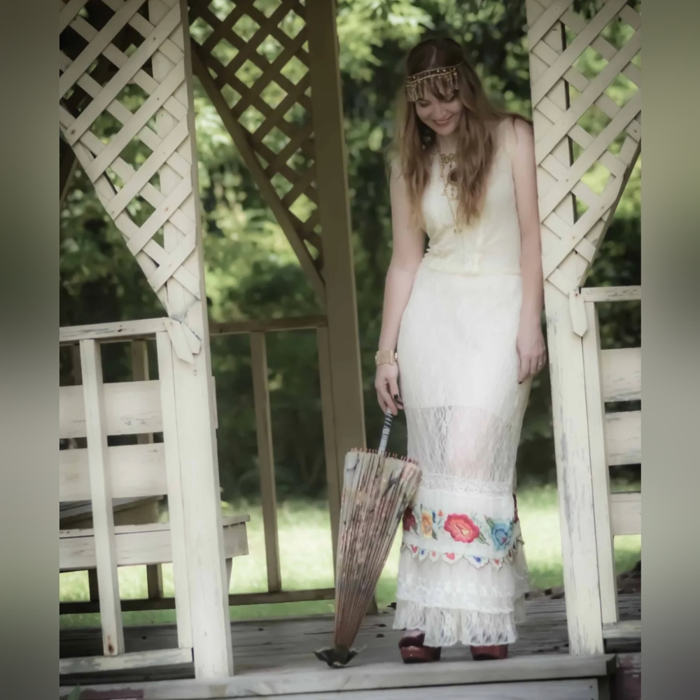 Free People Fiesta Fleur Slip Lace Embroidered Floral Vintage Maxi Dress S